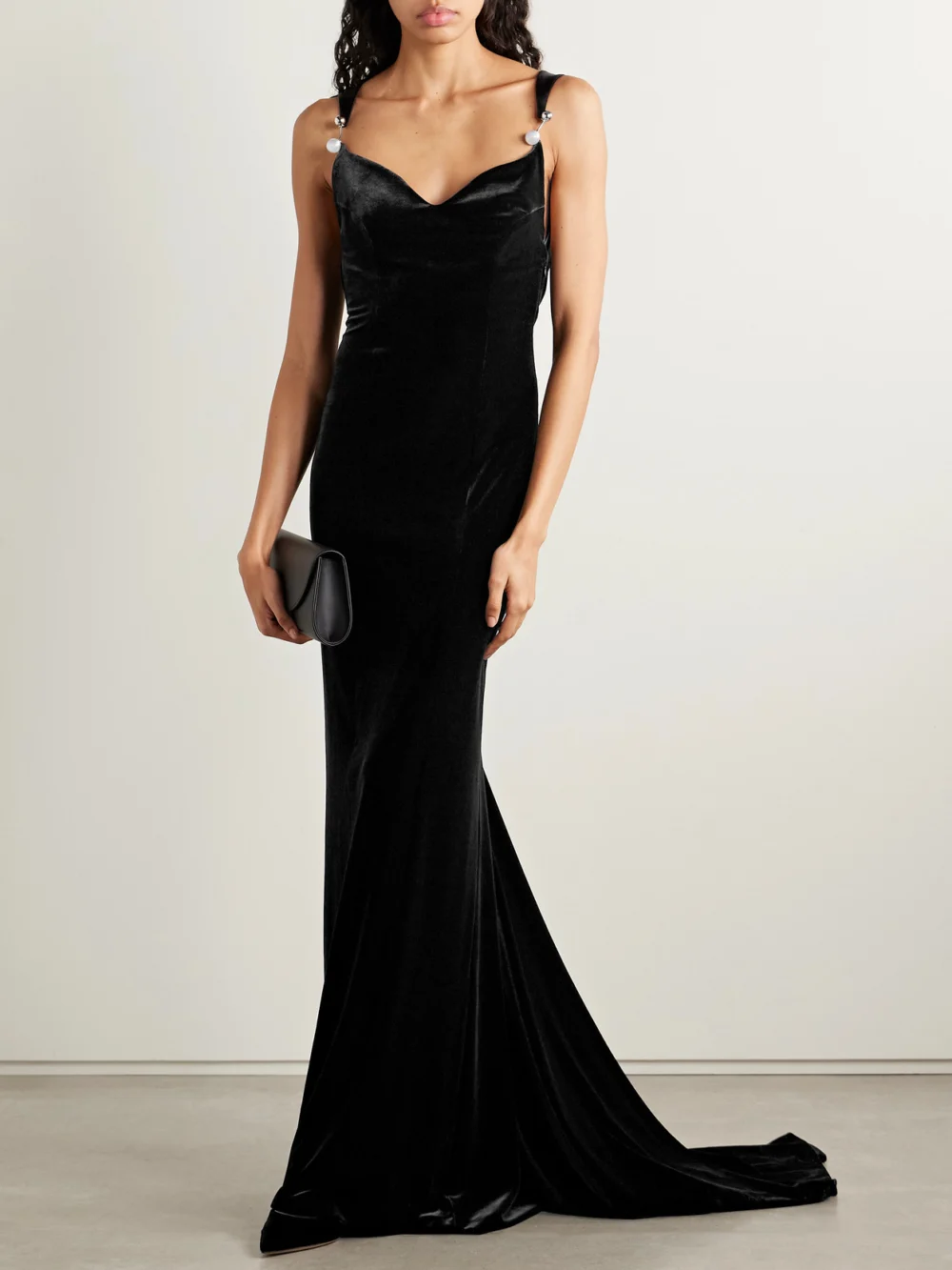 Galvan Avedon Open-back Embellished Stretch-velvet Gown, worn by a model