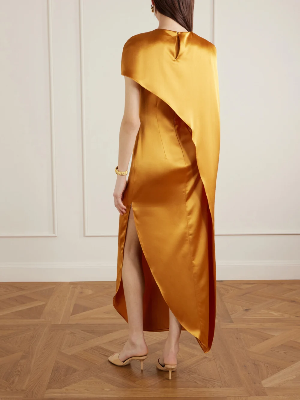 Back view of the Galvan Clandestine Cape-effect Asymmetric Satin Gown
