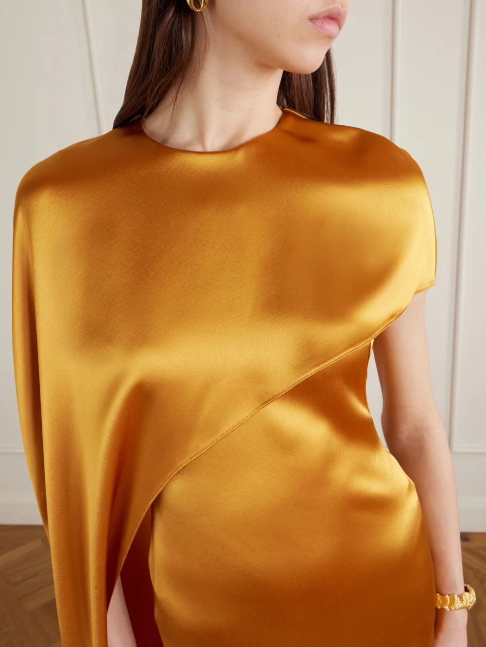 Close-up detail of the Galvan Clandestine Cape-effect Asymmetric Satin Gown