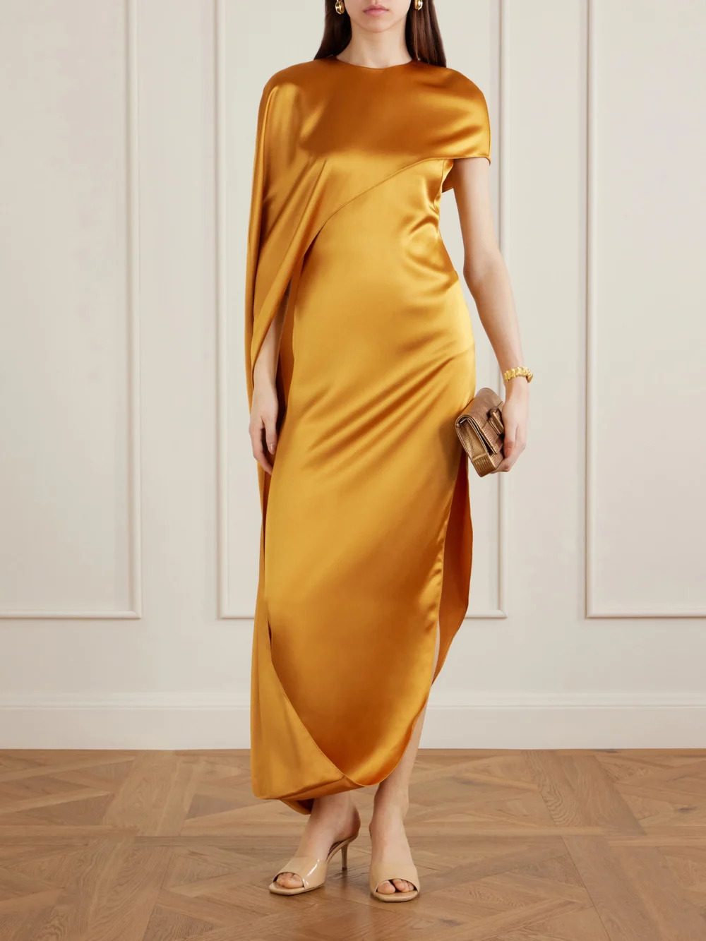 Galvan Clandestine Cape-effect Asymmetric Satin Gown, worn by a model