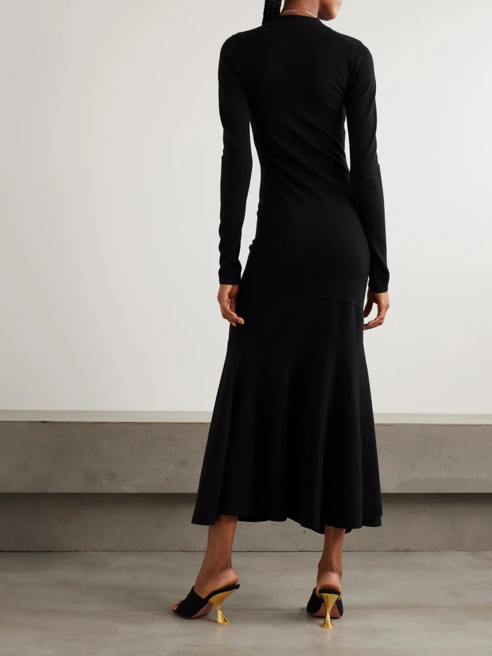 Back view of the Galvan Embellished Merino Wool-blend Maxi Dress