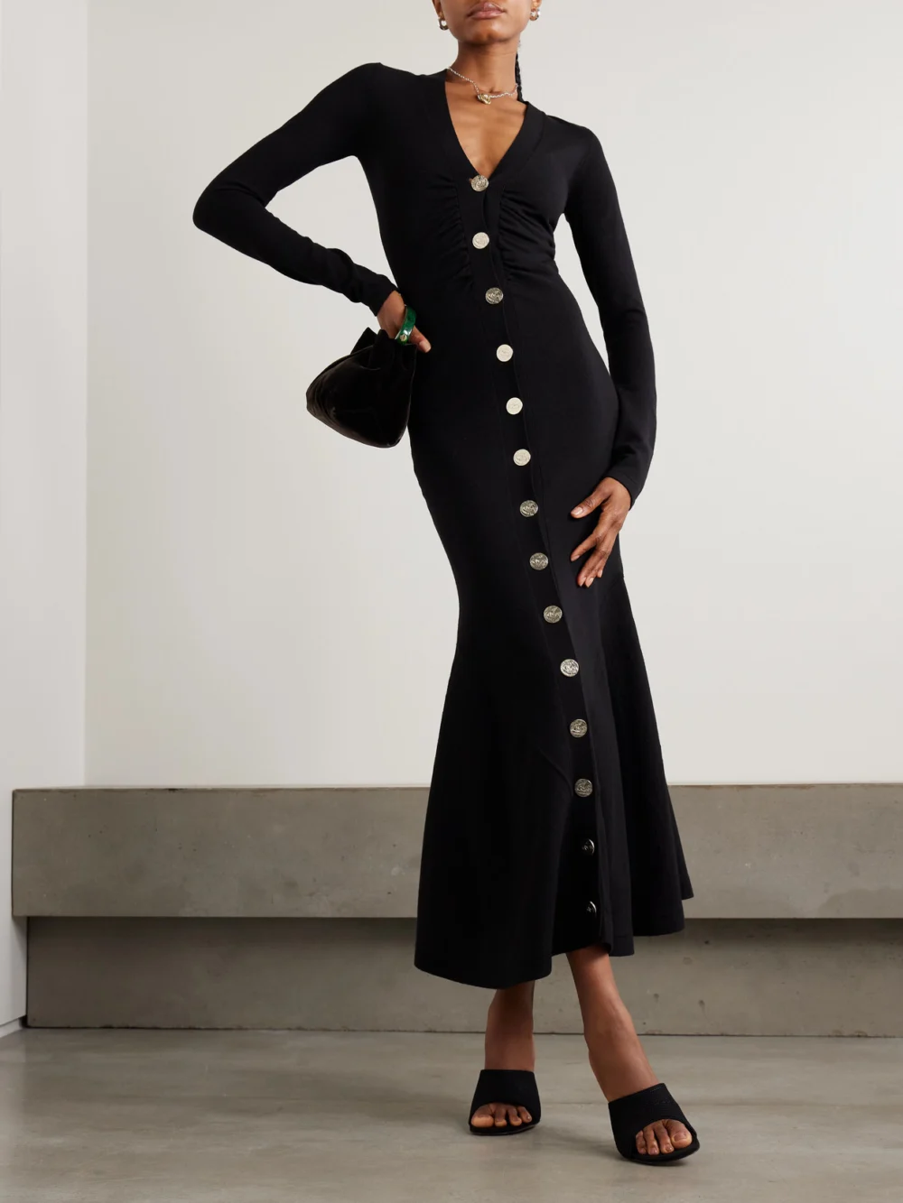 Galvan Embellished Merino Wool-blend Maxi Dress, worn by a model