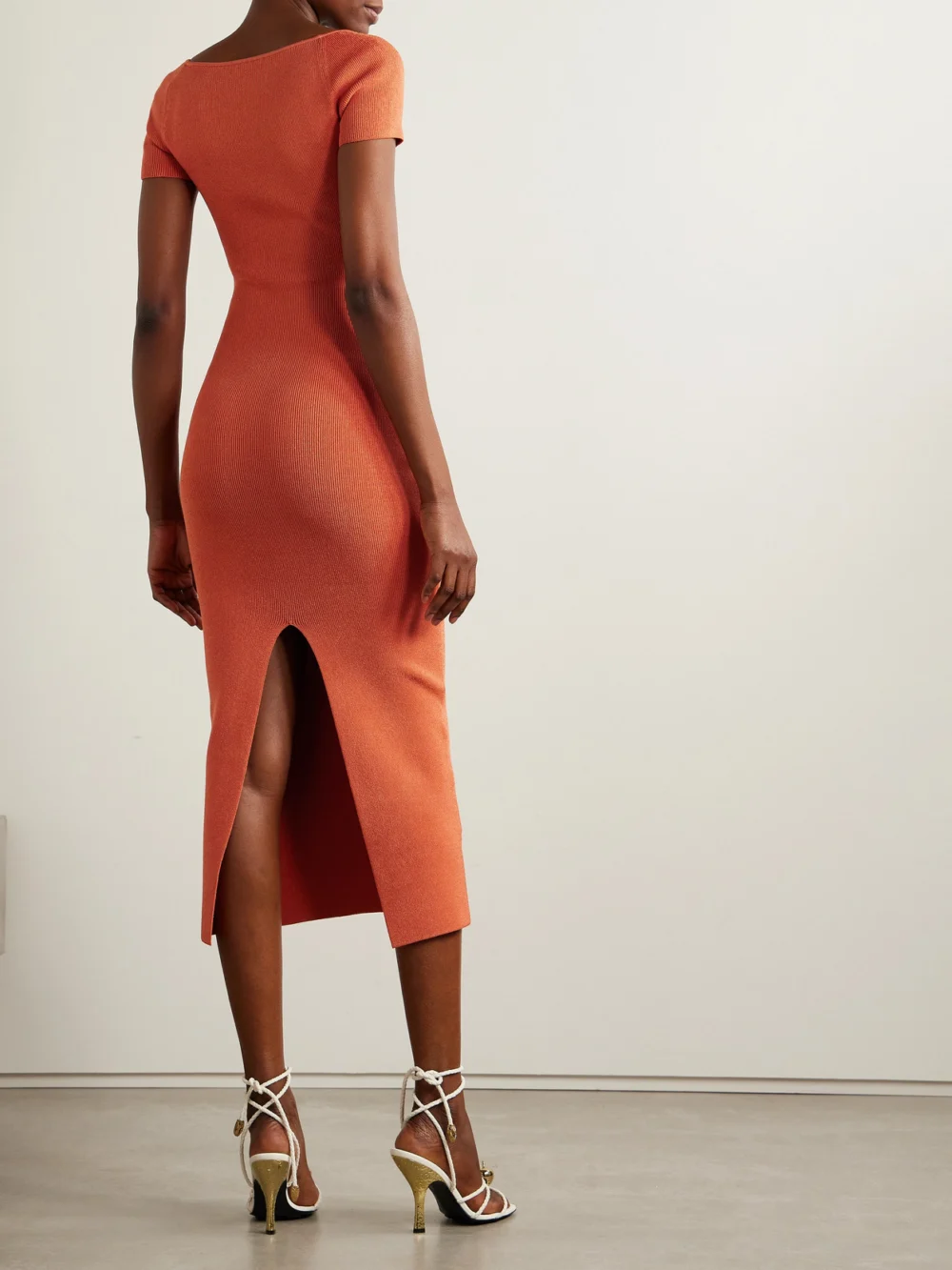 Back view of the Galvan Gaia Metallic Ribbed-knit Midi Dress
