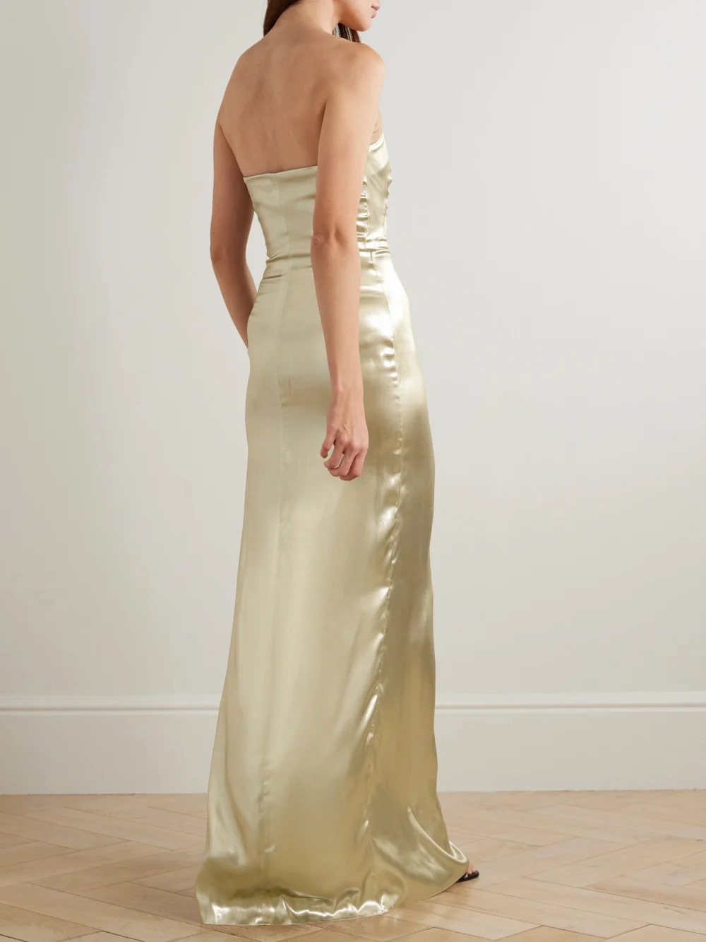 Back view of the Galvan Galvanized Strapless Metallic Satin Gown