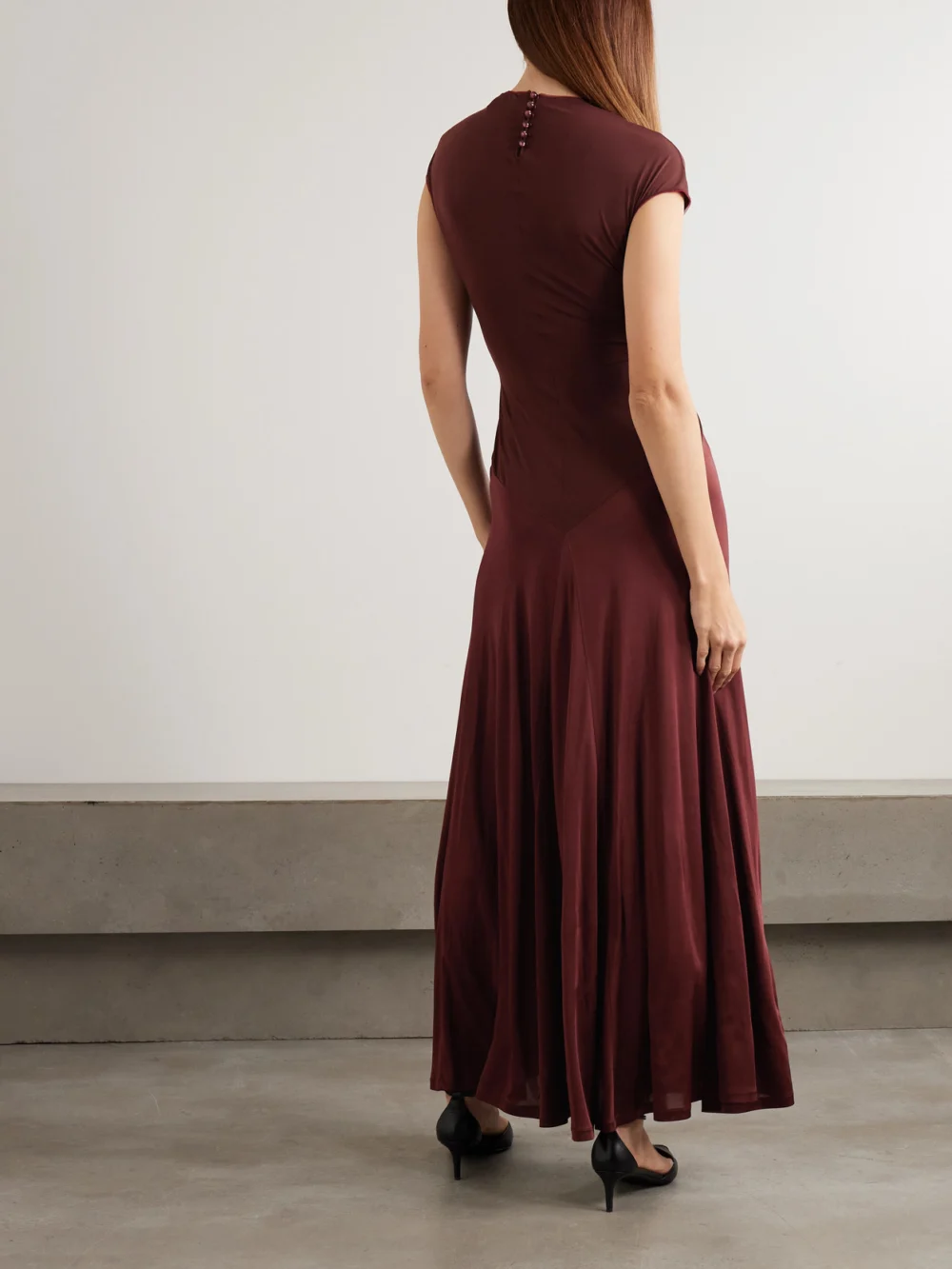Back view of the Galvan Gathered Satin-jersey Gown
