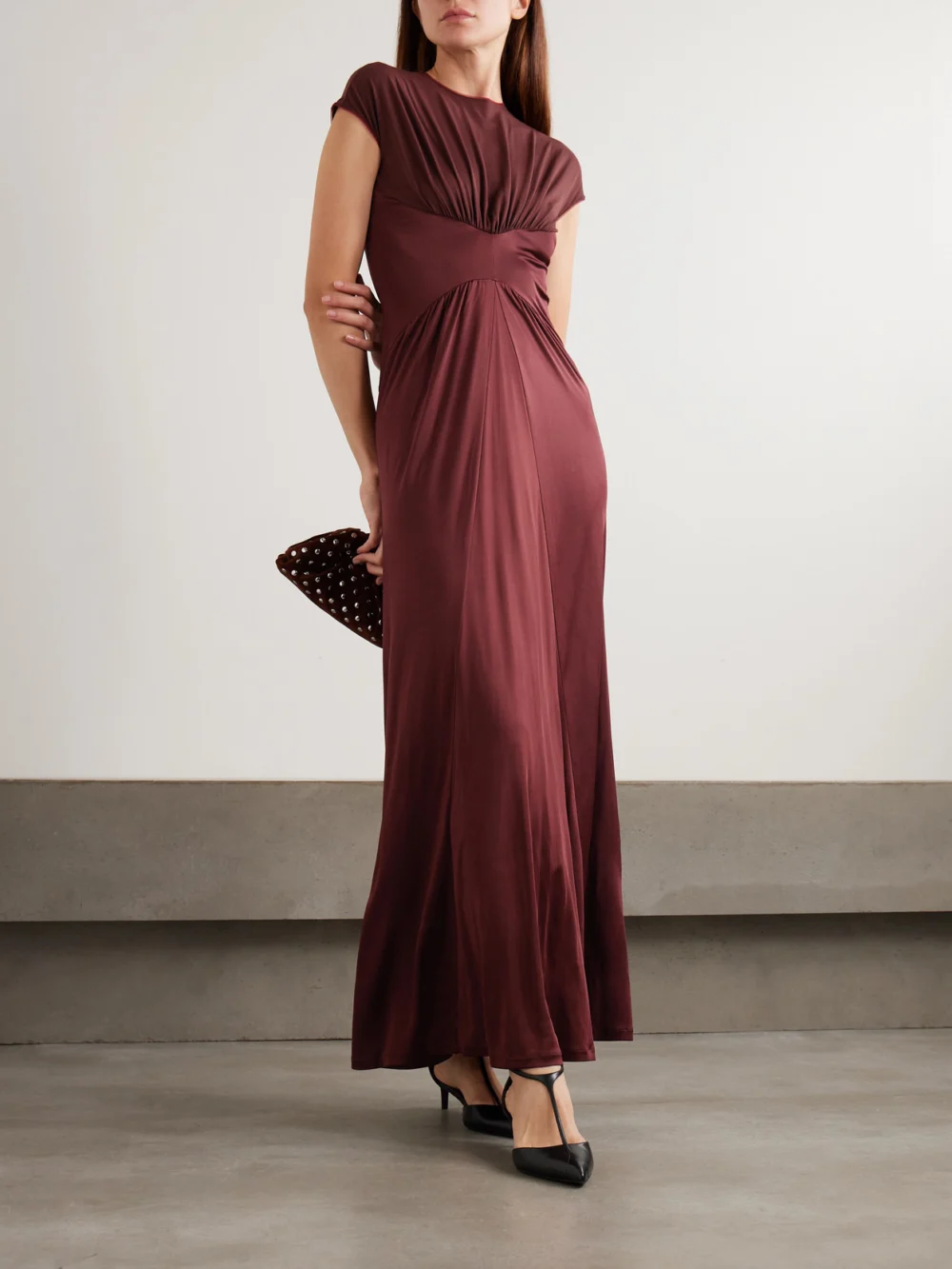 Galvan Gathered Satin-jersey Gown, worn by a model