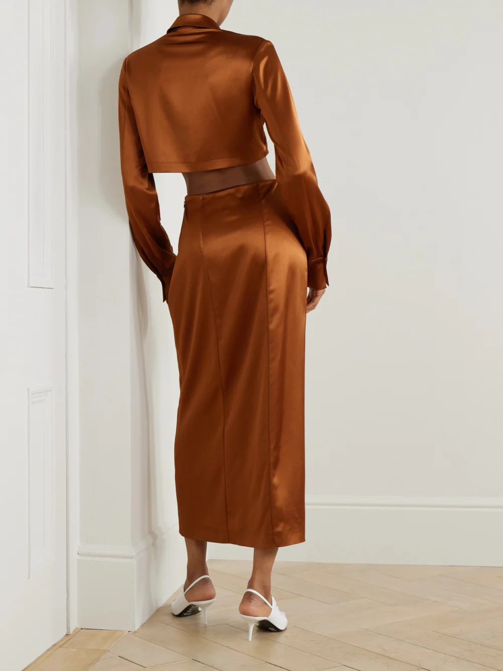 Back view of the Galvan Hock Twist-front Cutout Satin Maxi Dress