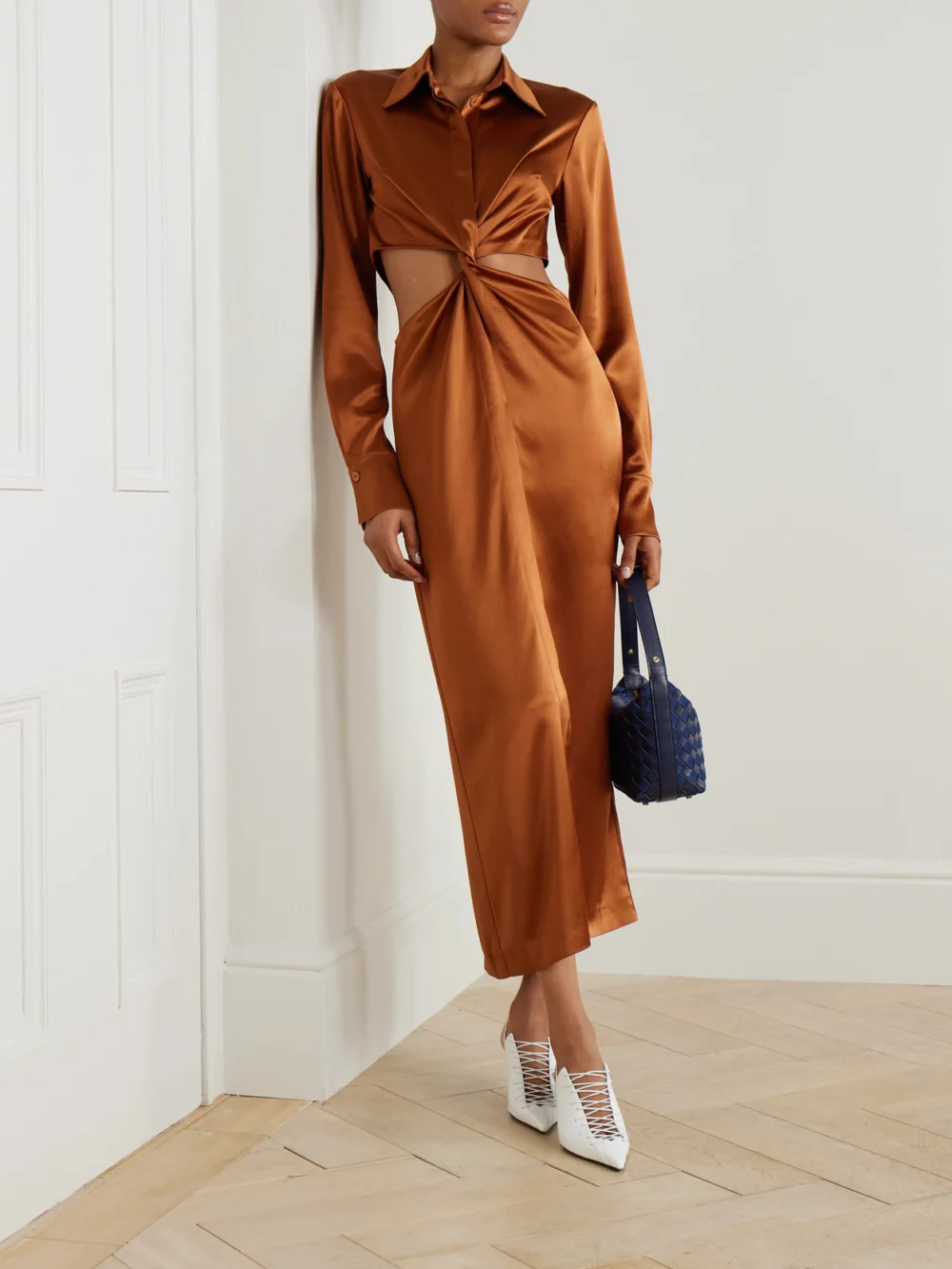 Galvan Hock Twist-front Cutout Satin Maxi Dress, worn by a model