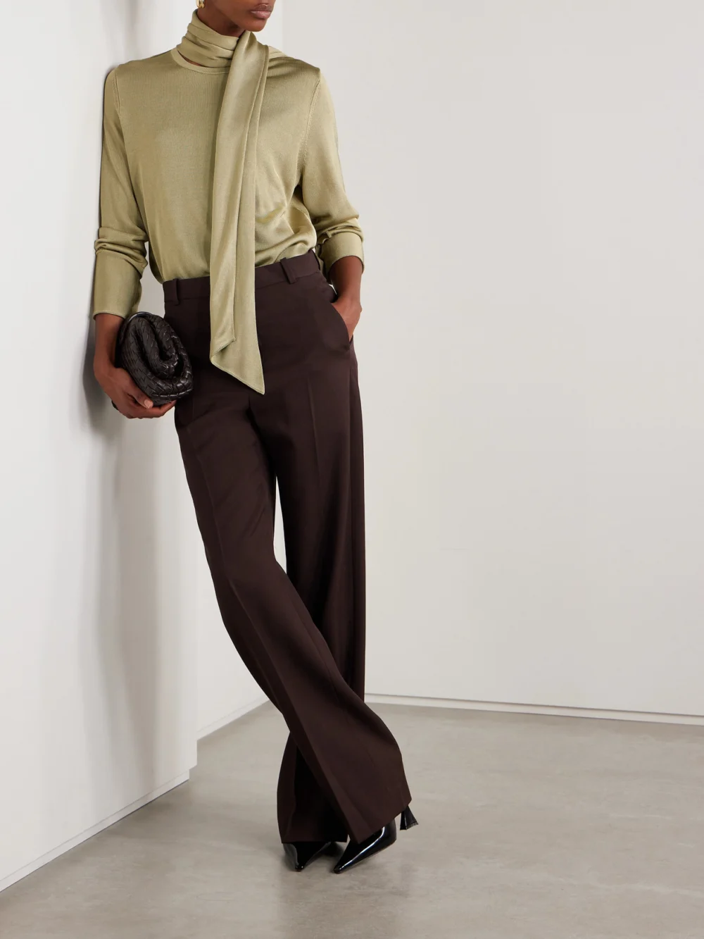 Galvan Ida Scarf-detailed Metallic Jersey Top, worn by a model