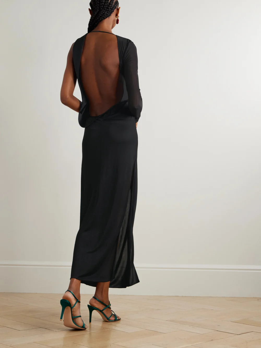 Back view of the Galvan Modernist One-sleeve Satin and Stretch-tulle Midi Dress
