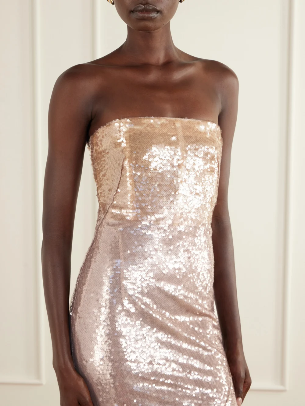 Close-up detail of the Galvan Moonlight Strapless Sequined Tulle Gown