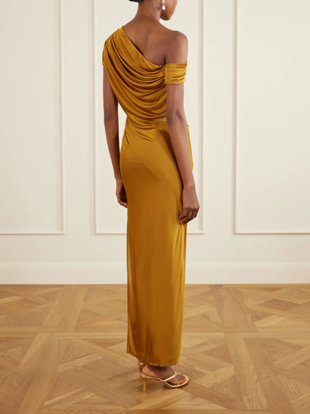 Back view of the Galvan Off-the-shoulder Draped Satin-jersey Maxi Dress