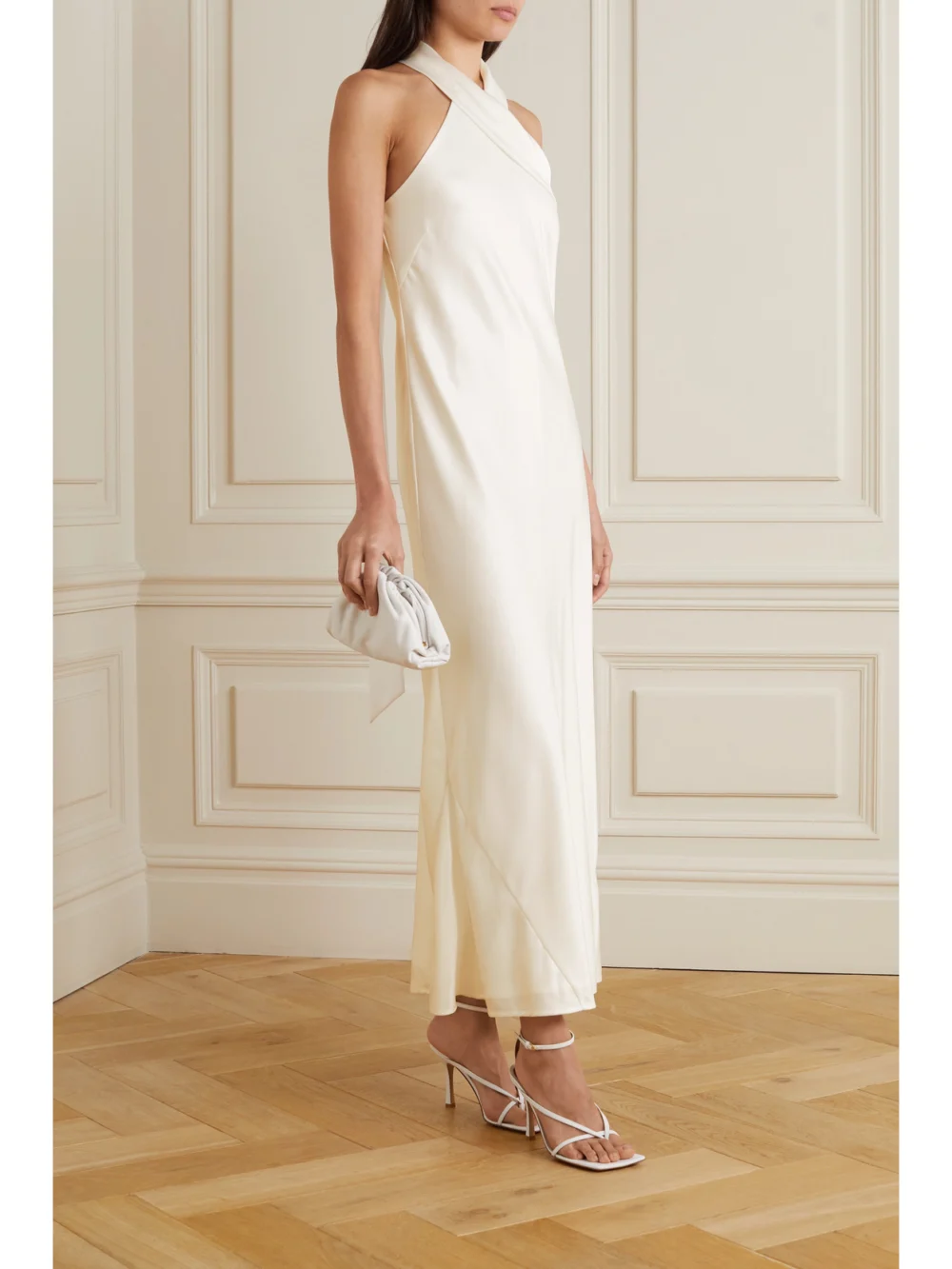 Galvan Pandora Satin Halterneck Midi Dress, worn by a model
