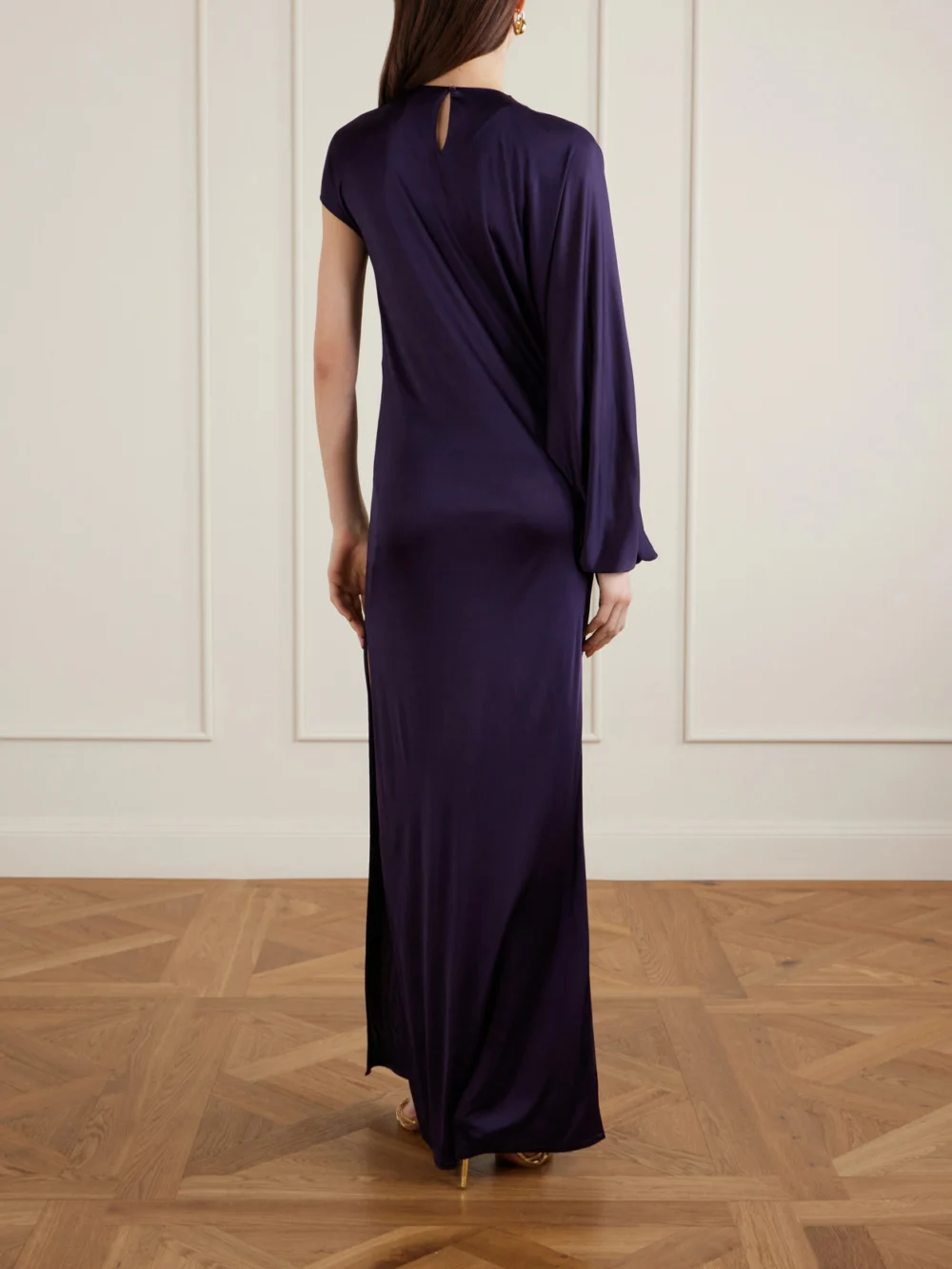 Back view of the Galvan Roman Asymmetric Jersey Gown
