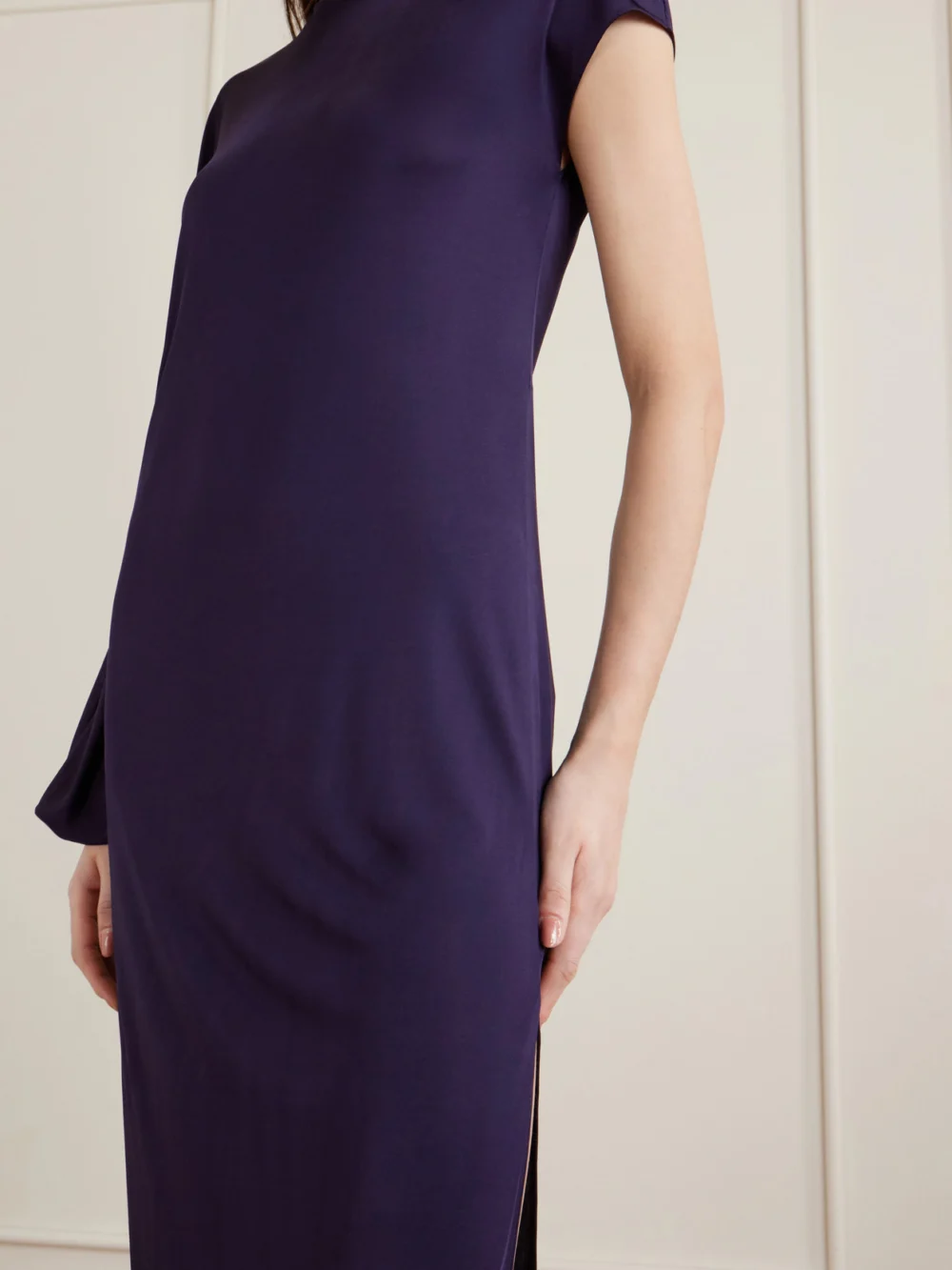 Close-up detail of the Galvan Roman Asymmetric Jersey Gown