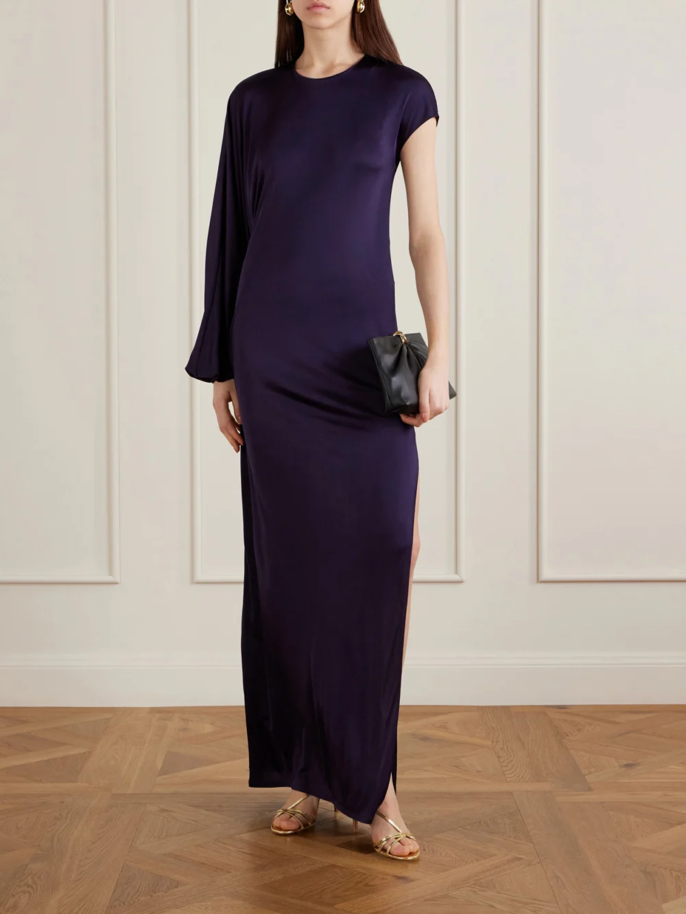 Galvan Roman Asymmetric Jersey Gown, worn by a model