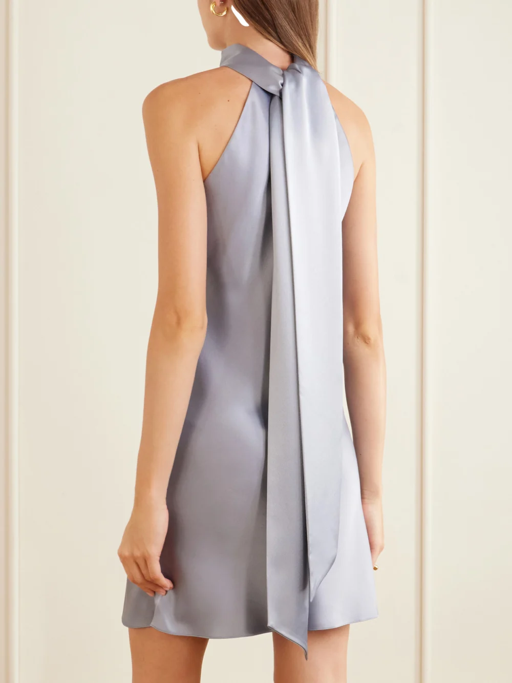 Back view of the Galvan Siena Satin Halterneck Mini Dress