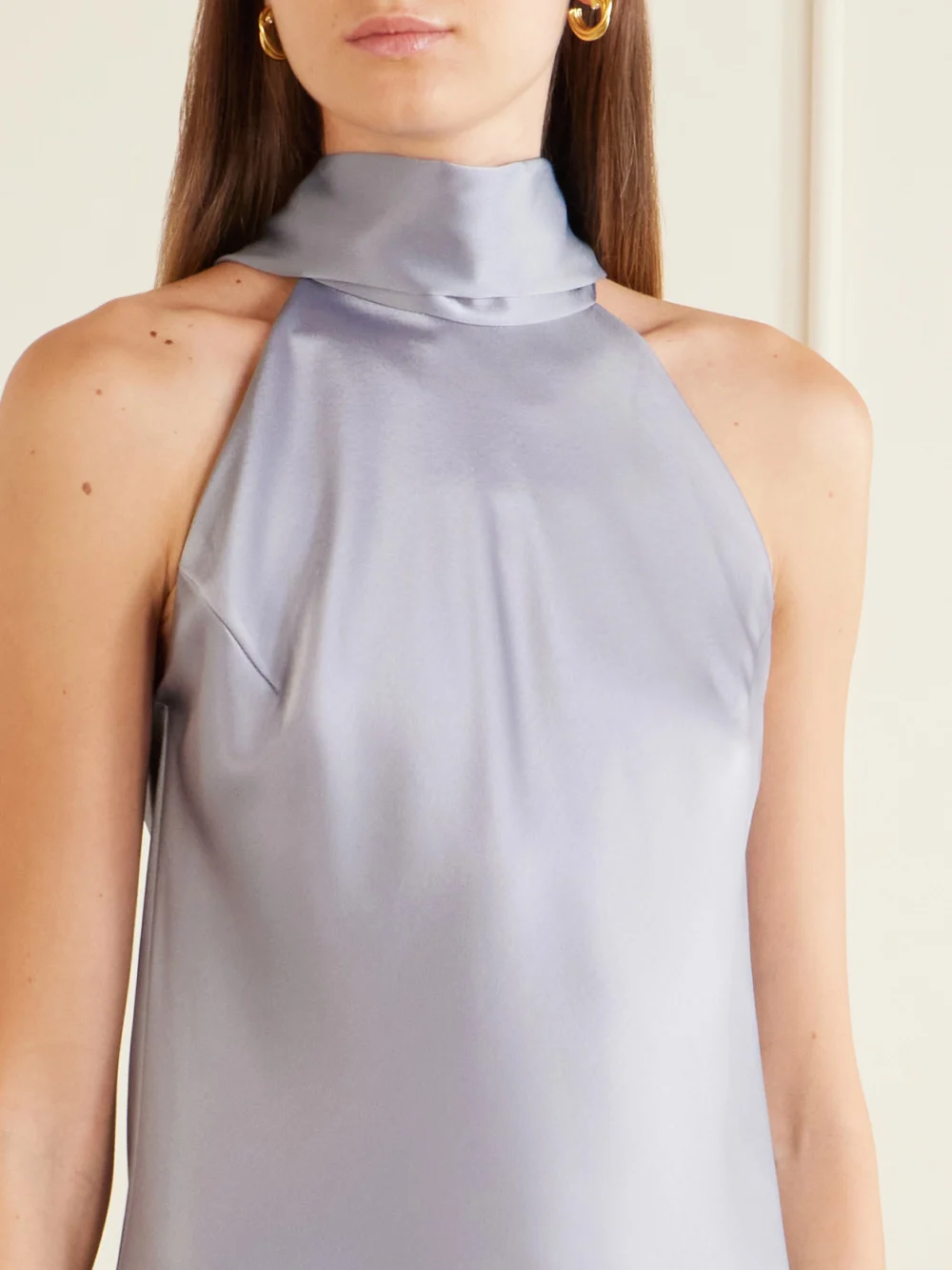 Close-up detail of the Galvan Siena Satin Halterneck Mini Dress