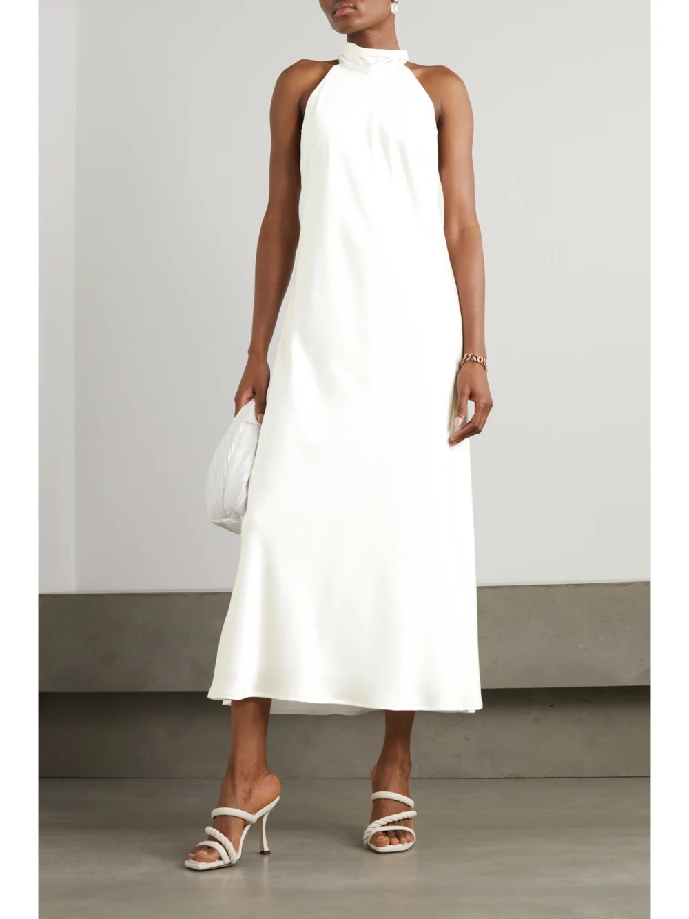 Galvan Sienna Halterneck Satin Midi Dress, worn by a model