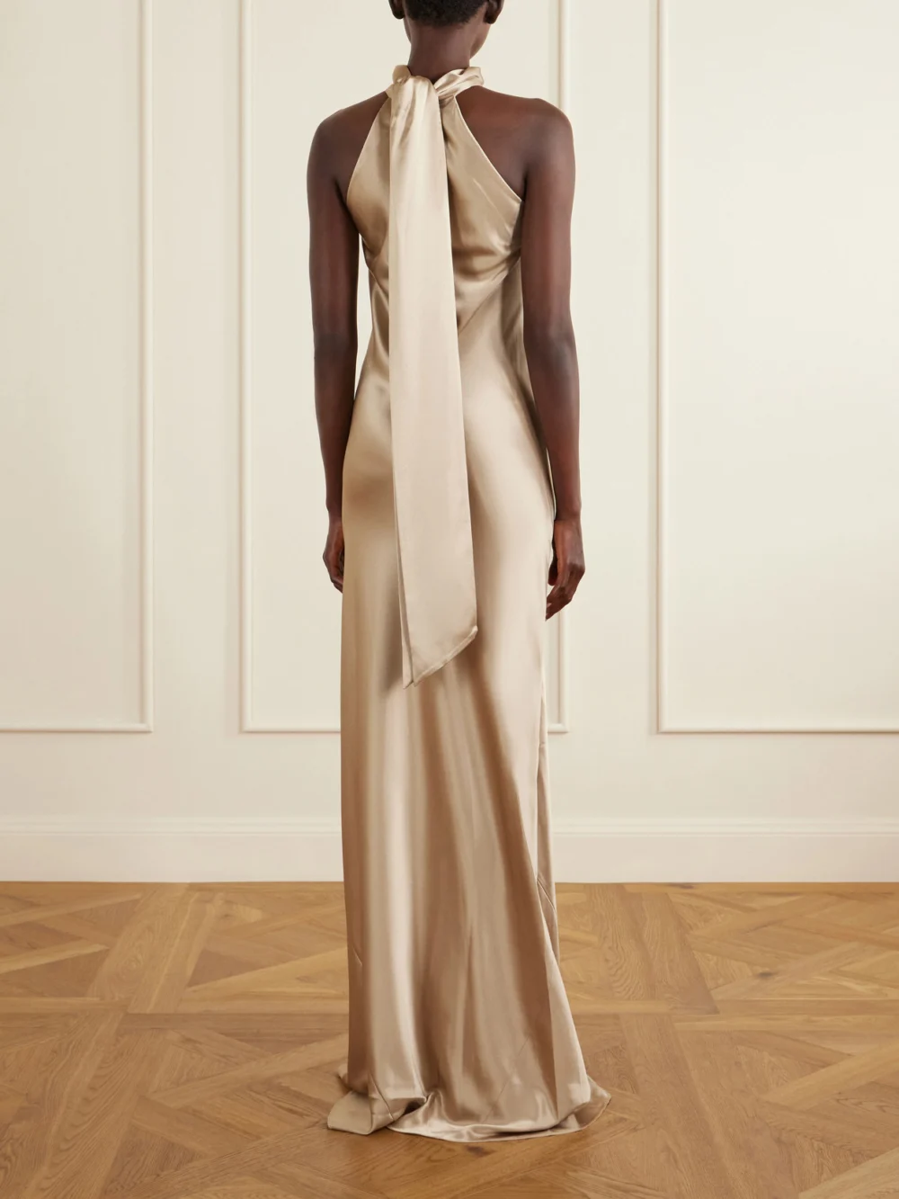 Back view of the Galvan Sienna Satin Halterneck Gown