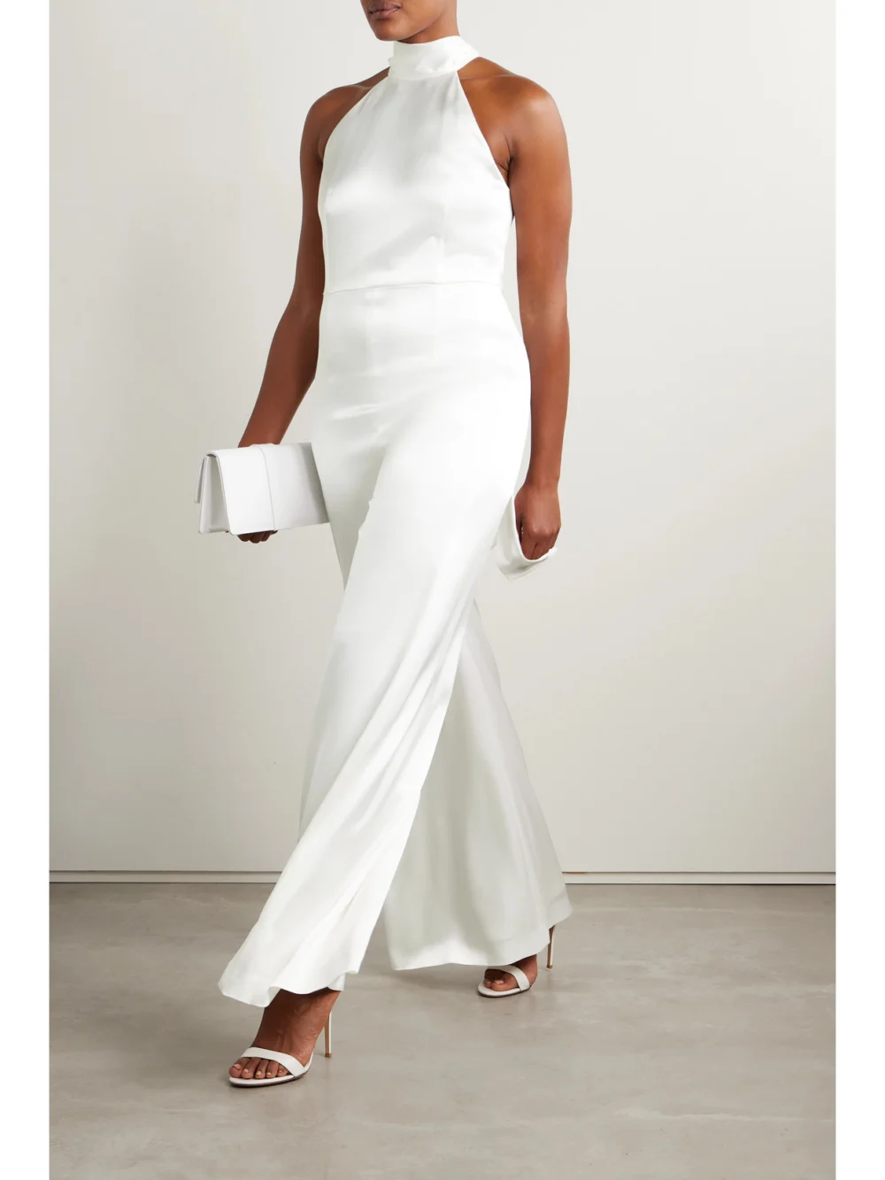 Galvan Sienna Satin Halterneck Jumpsuit, worn by a model