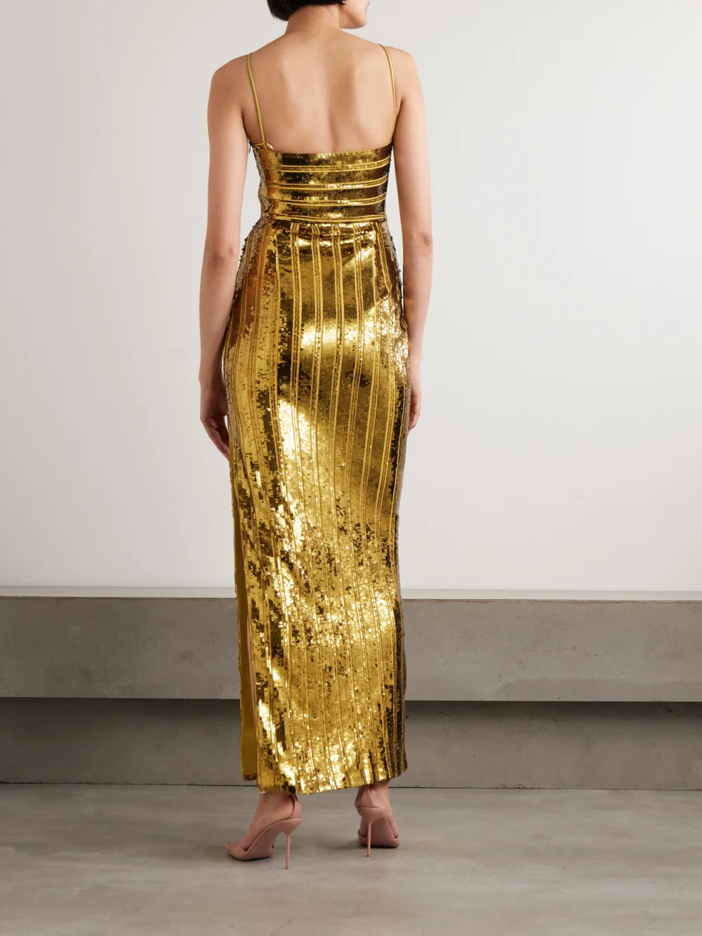 Back view of the Galvan Stargaze Striped Sequined Tulle Maxi Dress