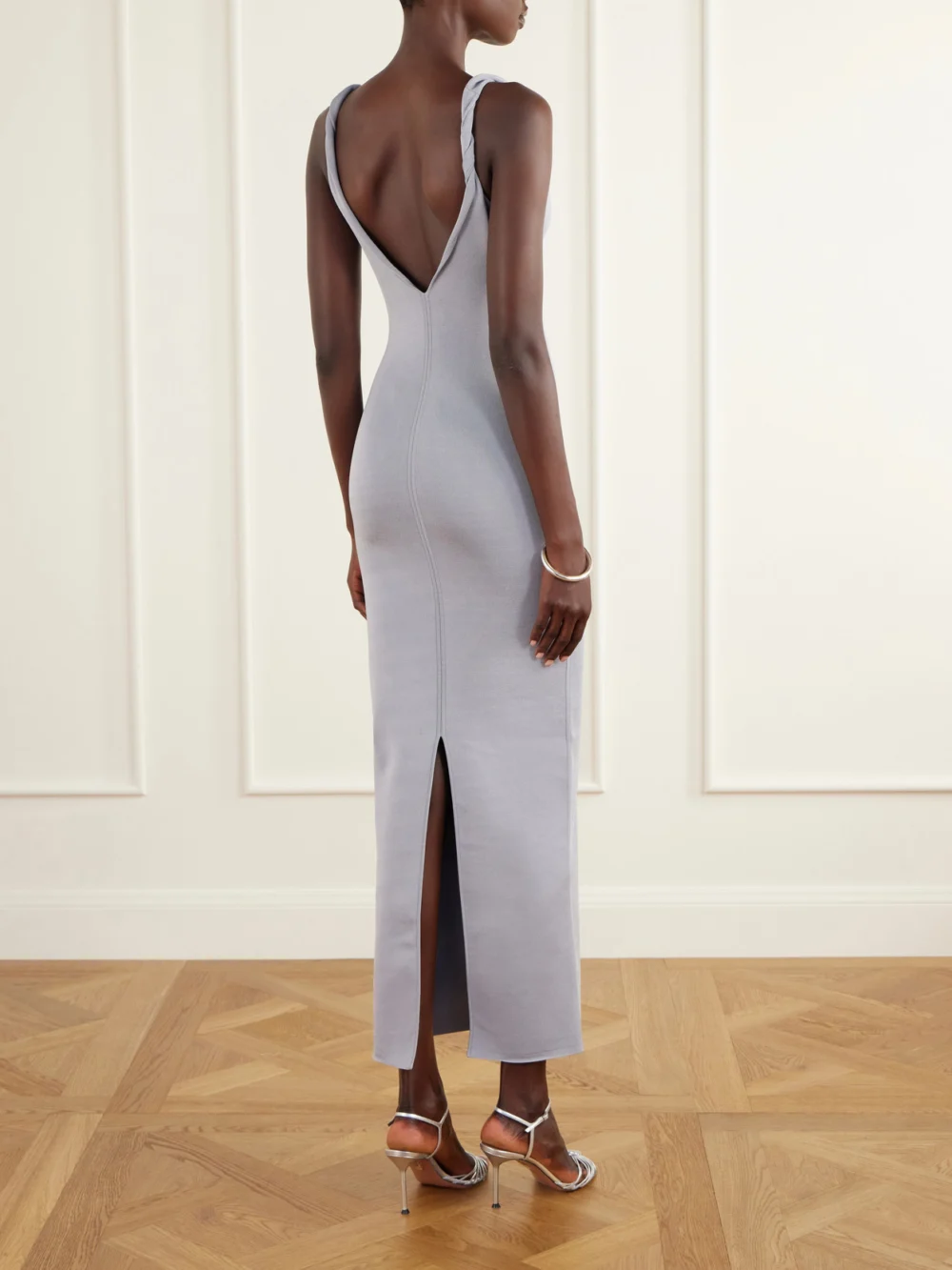 Back view of the Galvan Twisted Tyra Stretch-knit Midi Dress