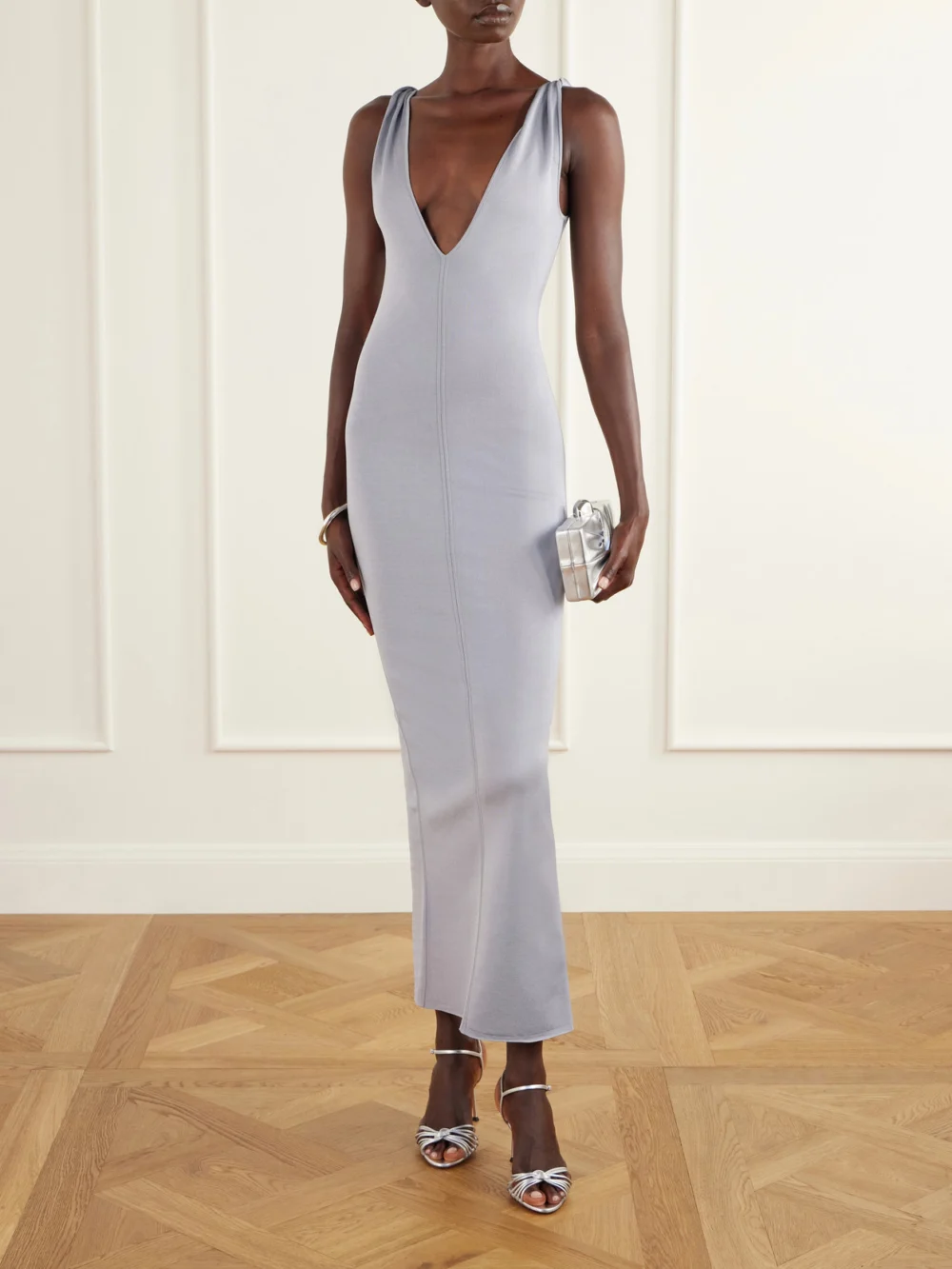 Galvan Twisted Tyra Stretch-knit Midi Dress, worn by a model