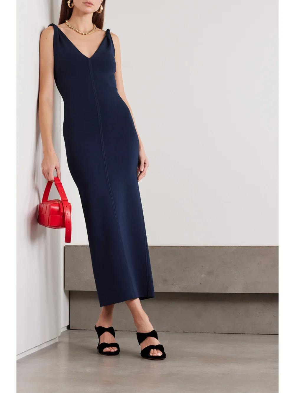 Galvan Tyra Stretch-knit Midi Dress, worn by a model