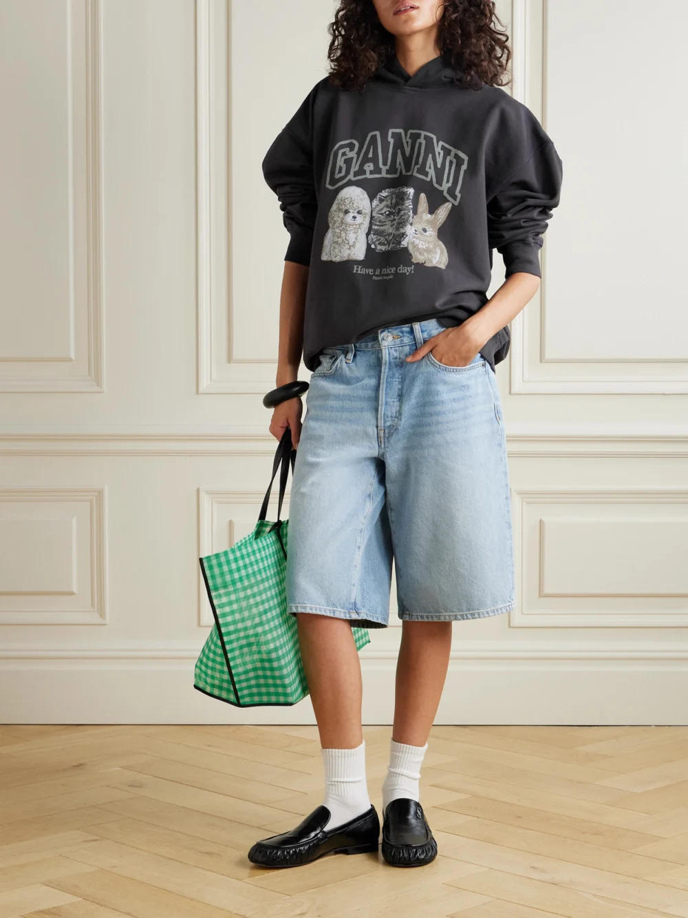 Ganni Oversized Printed Organic Cotton-jersey Hoodie, worn by a model