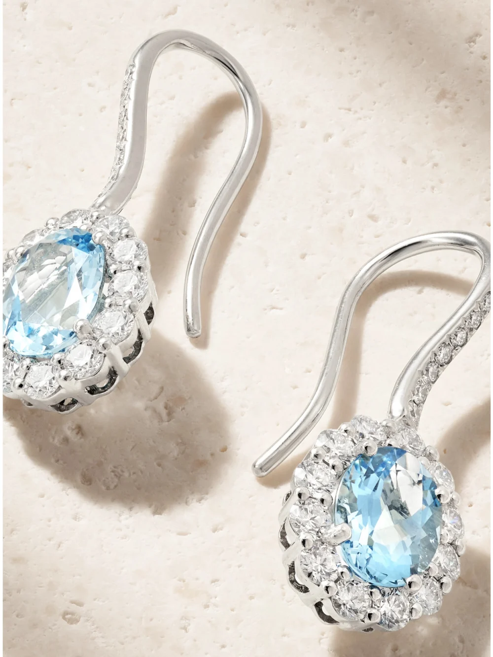 Close-up detail of the Garrard 1735 Platinum, Aquamarine and Diamond Earrings