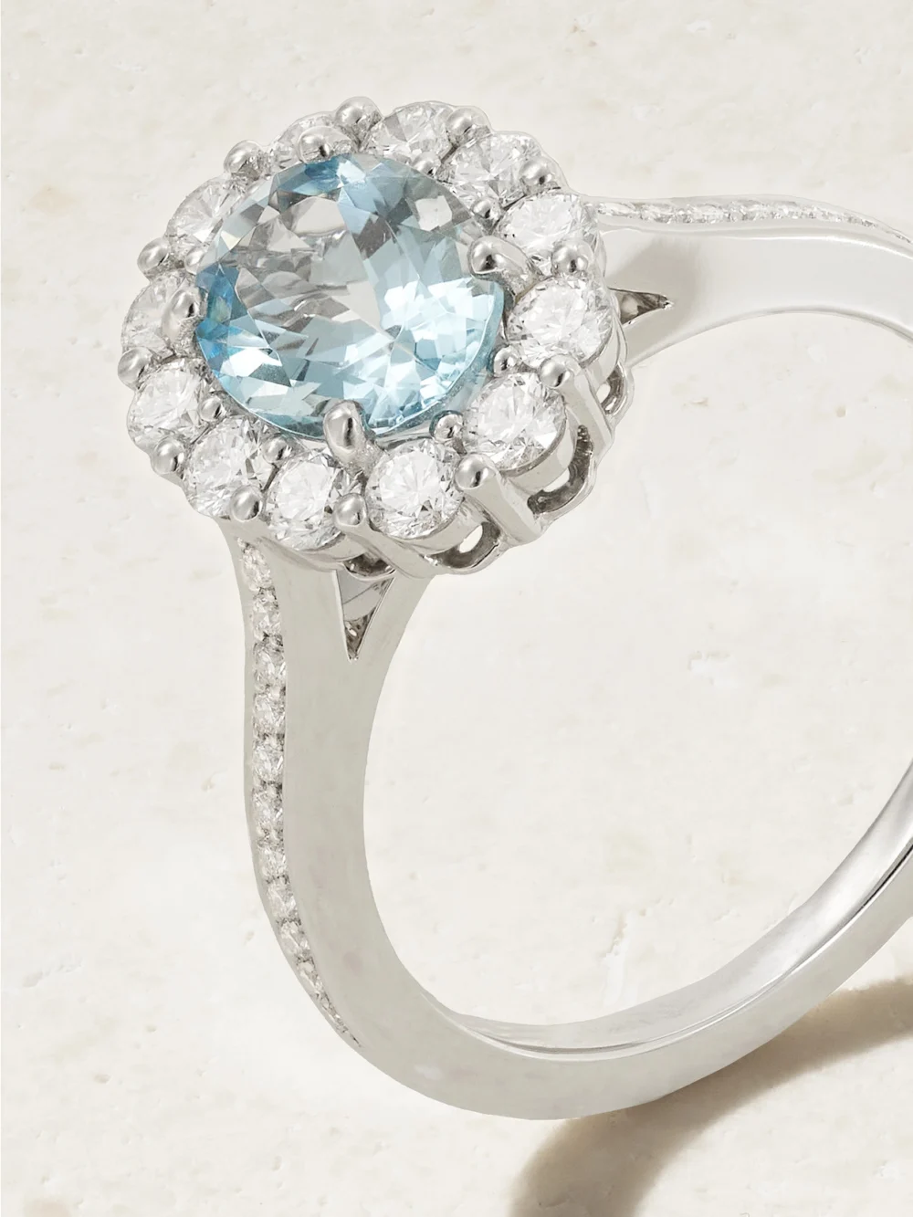 Close-up detail of the Garrard 1735 Platinum, Aquamarine and Diamond Ring