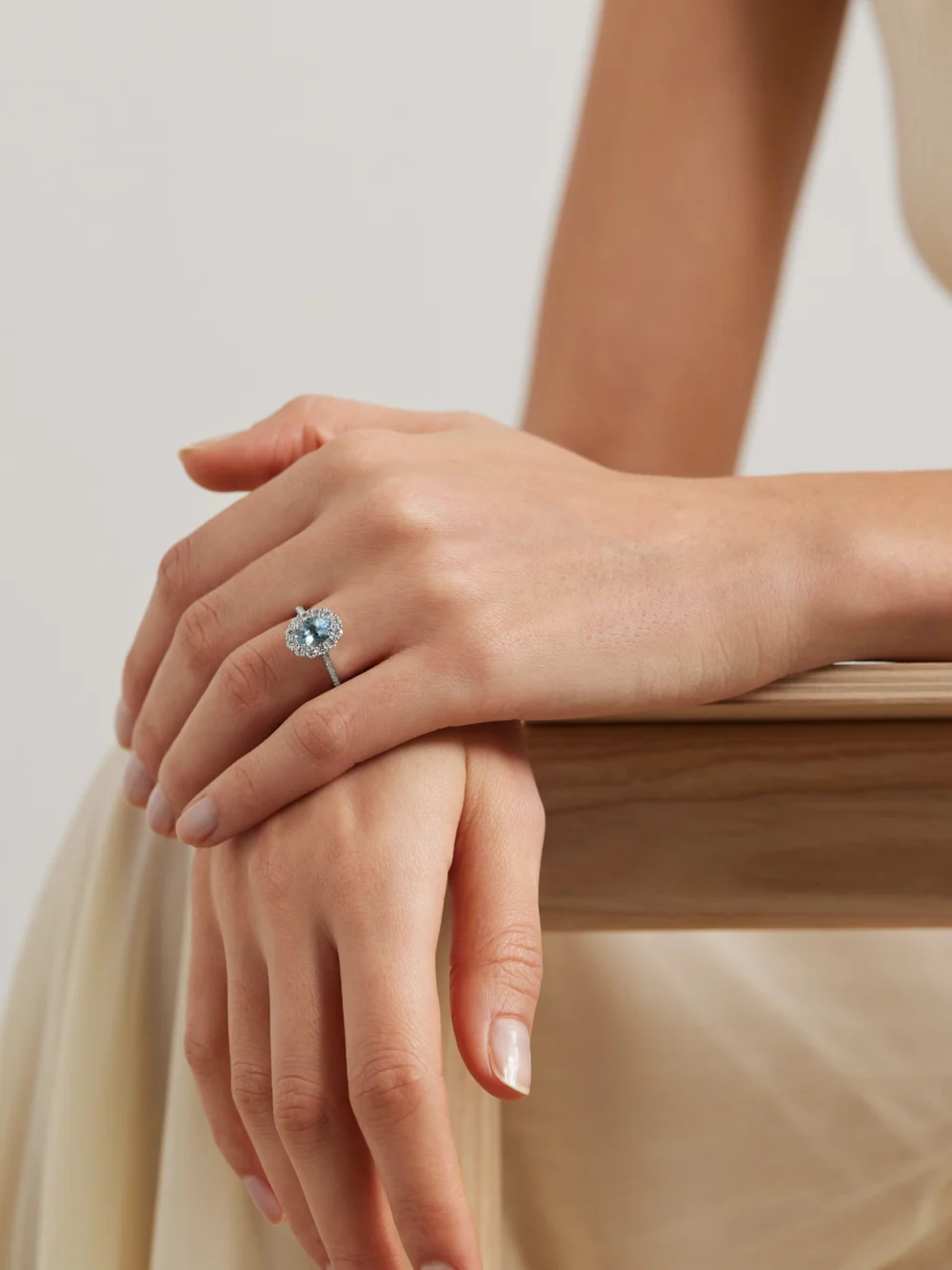 Garrard 1735 Platinum, Aquamarine and Diamond Ring, styled view