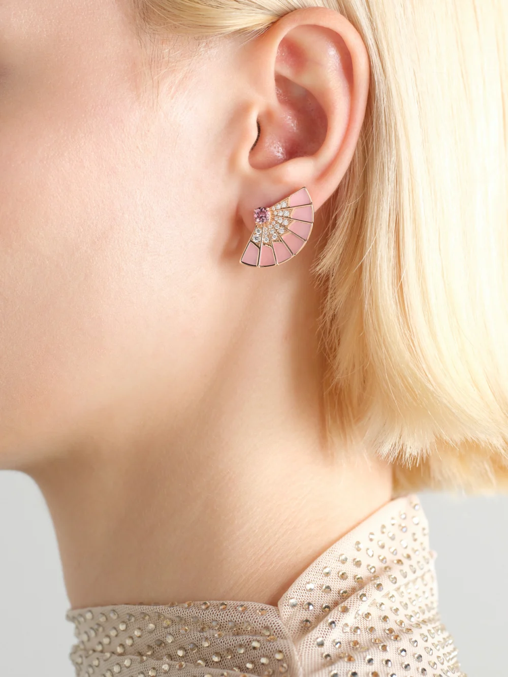 Garrard Fanfare Symphony 18-karat Rose Gold Multi-stone Earrings, styled view