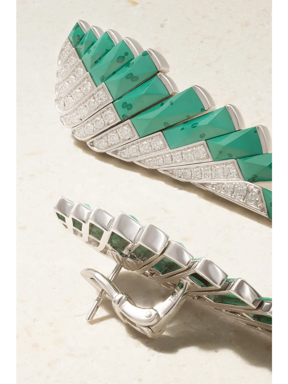 Back view of the Garrard Wings 18-karat White Gold, Malachite and Diamond Earrings