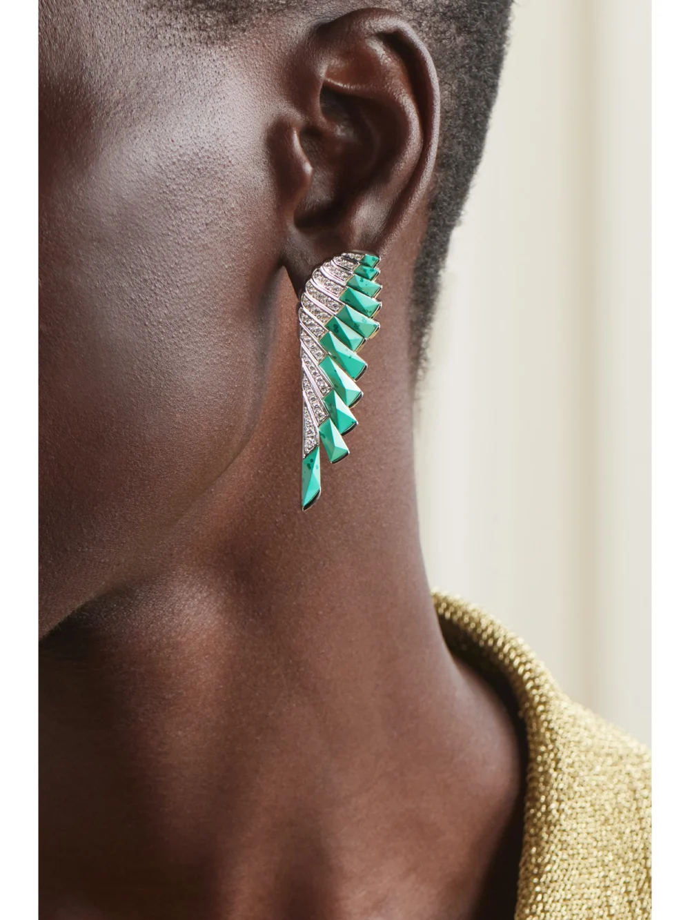 Garrard Wings 18-karat White Gold, Malachite and Diamond Earrings, styled view