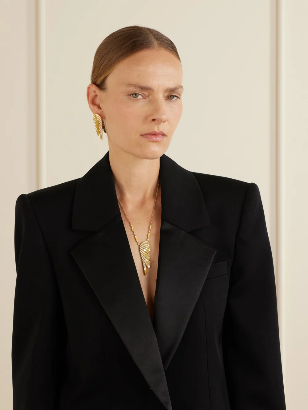 Garrard Wings Rising 18-karat Gold, Diamond and Mother-of-pearl Earrings, styled view