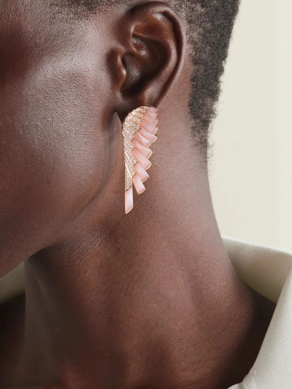Garrard Wings Rising 18-karat Rose Gold, Opal and Diamond Earrings, styled view