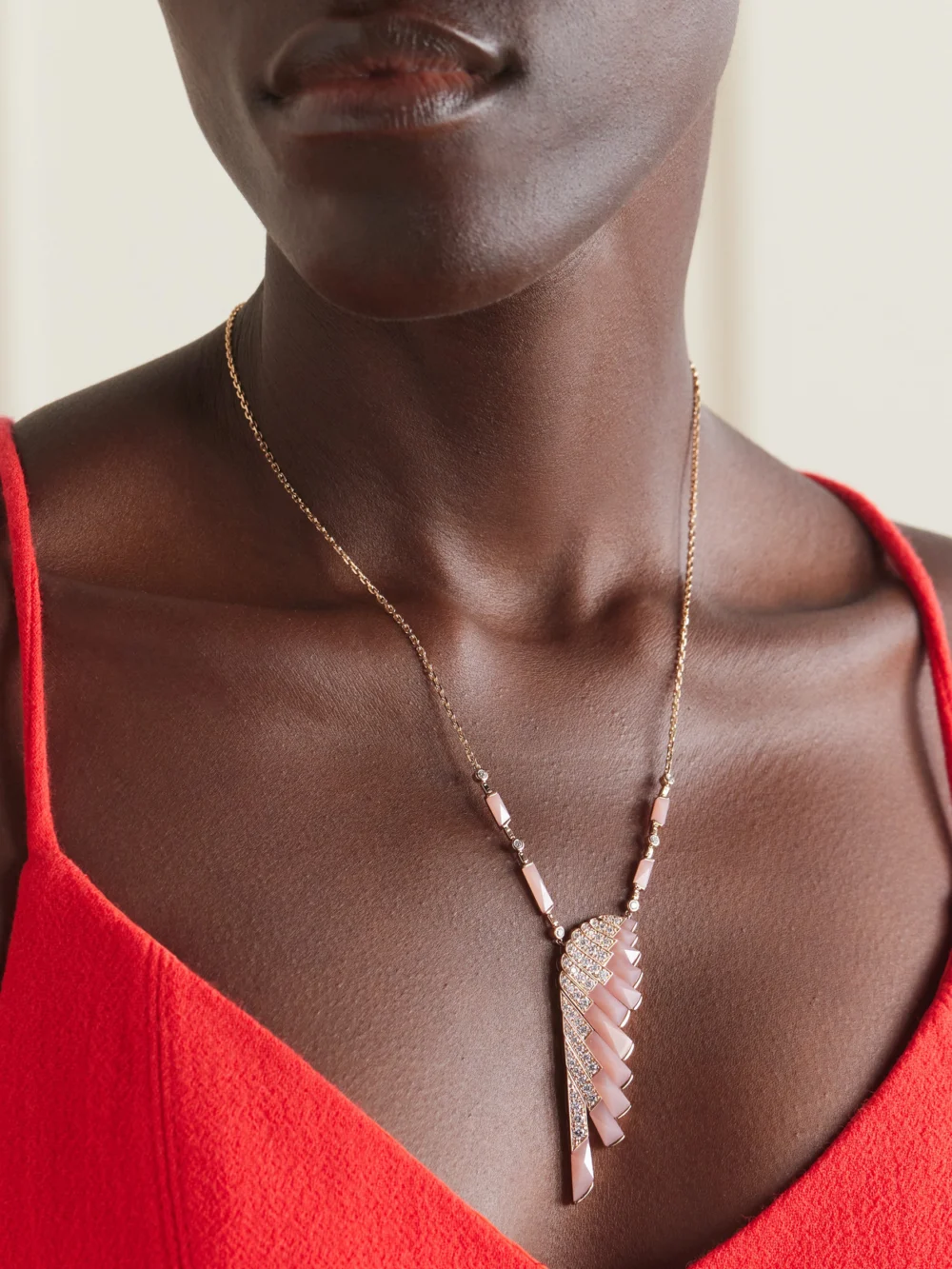 Garrard Wings Rising 18-karat Rose Gold, Opal and Diamond Necklace, styled view