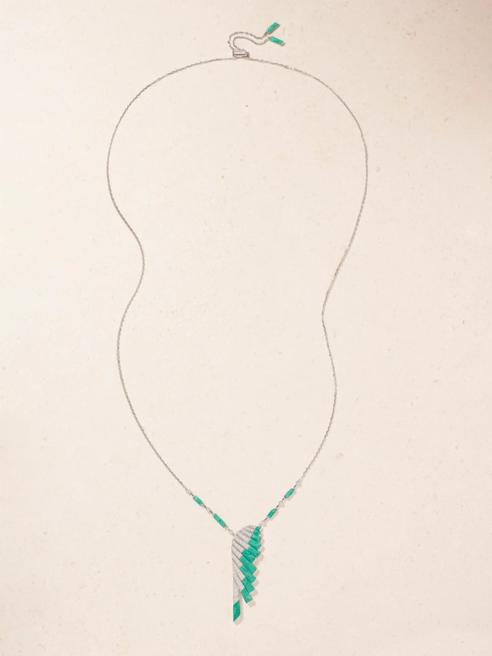 Close-up detail of the Garrard Wings Rising 18-karat White Gold, Malachite and Diamond Necklace