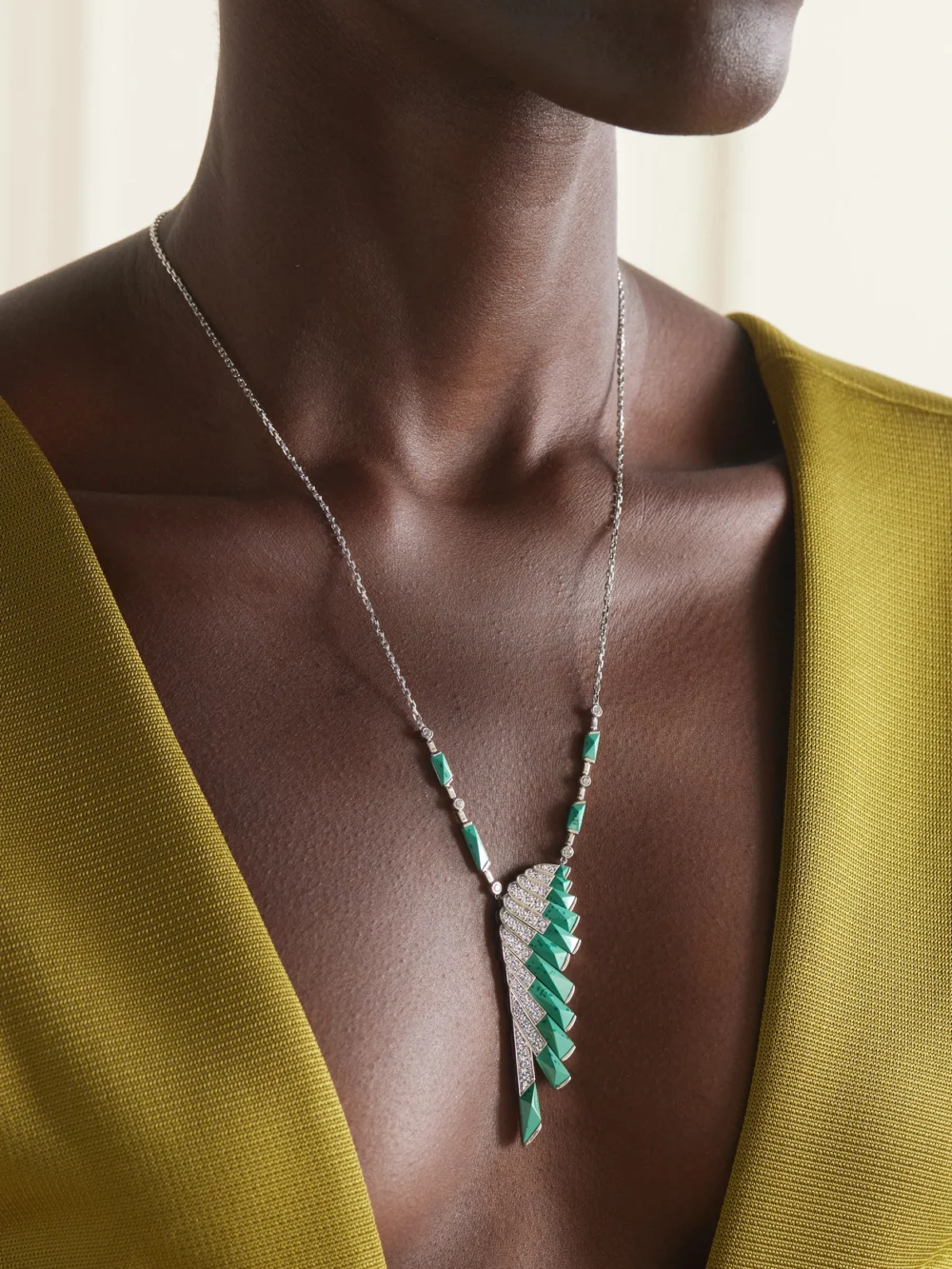 Garrard Wings Rising 18-karat White Gold, Malachite and Diamond Necklace, styled view