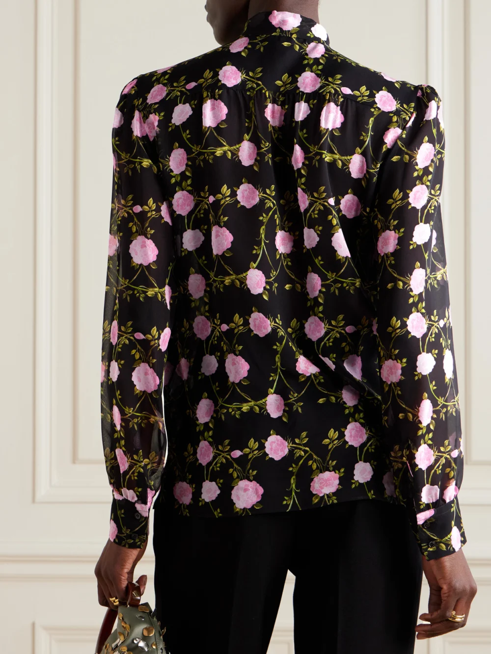 Back view of the Giambattista Valli Pussy-bow Floral-print Silk-chiffon Blouse