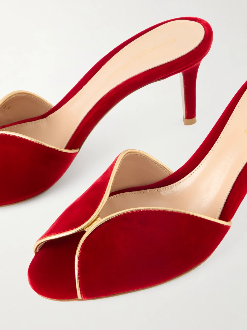 Close-up detail of the Gianvito Rossi 70 Leather-trimmed Velvet Mules