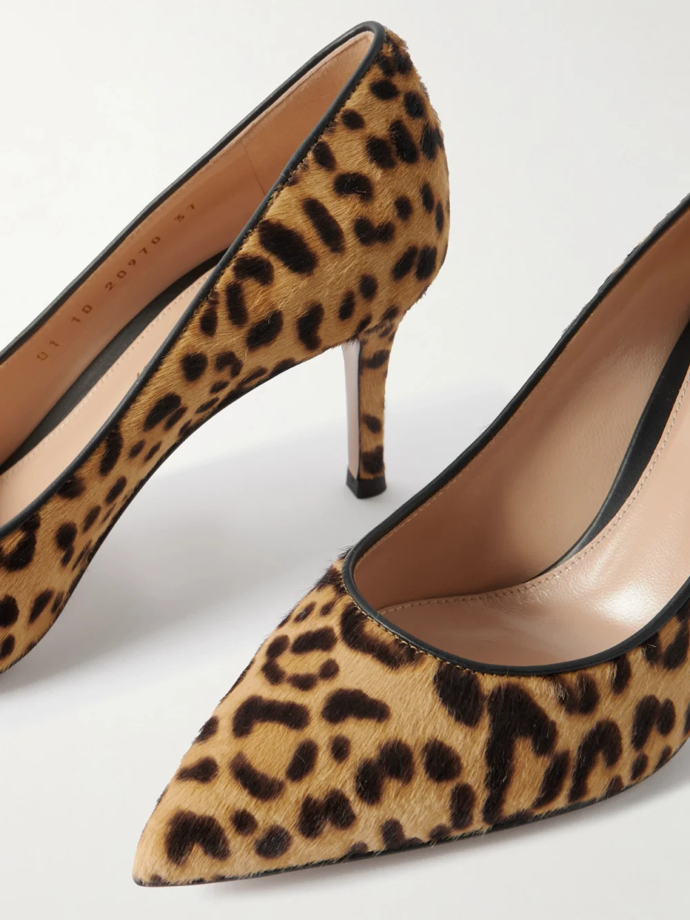 Close-up detail of the Gianvito Rossi 70 Leopard-print Calf Hair Pumps