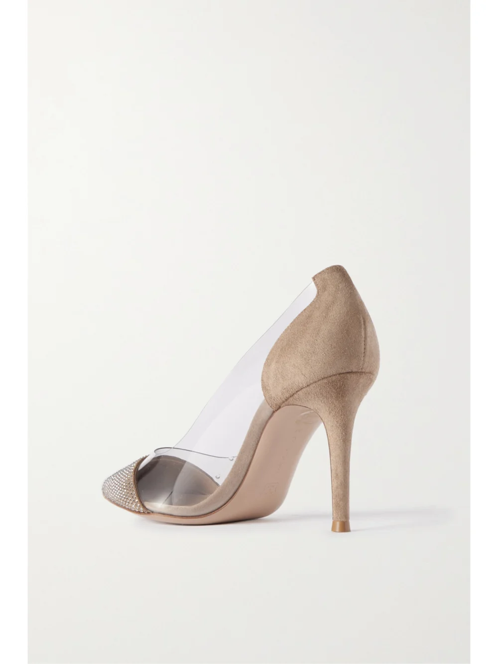 Back view of the Gianvito Rossi 85 Crystal-embellished Suede-trimmed Pvc Pumps
