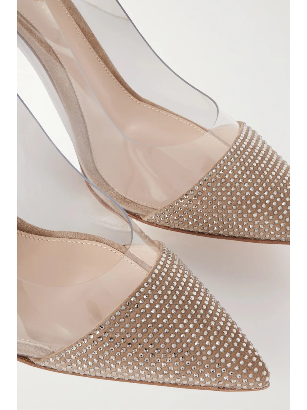 Close-up detail of the Gianvito Rossi 85 Crystal-embellished Suede-trimmed Pvc Pumps