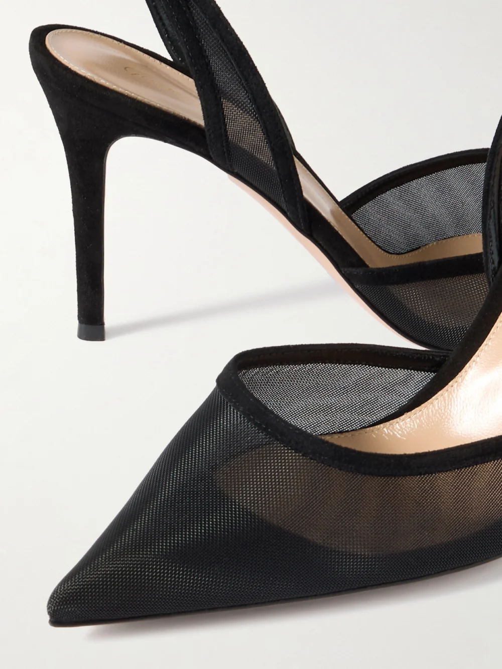 Close-up detail of the Gianvito Rossi 85 Suede-trimmed Mesh Pumps