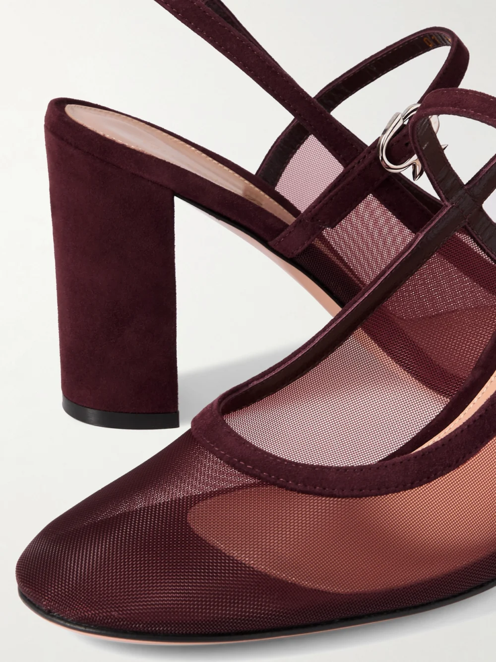 Close-up detail of the Gianvito Rossi 85 Suede-trimmed Mesh Pumps