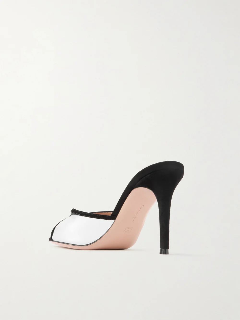Back view of the Gianvito Rossi 85 Suede-trimmed Mirrored-leather Mules