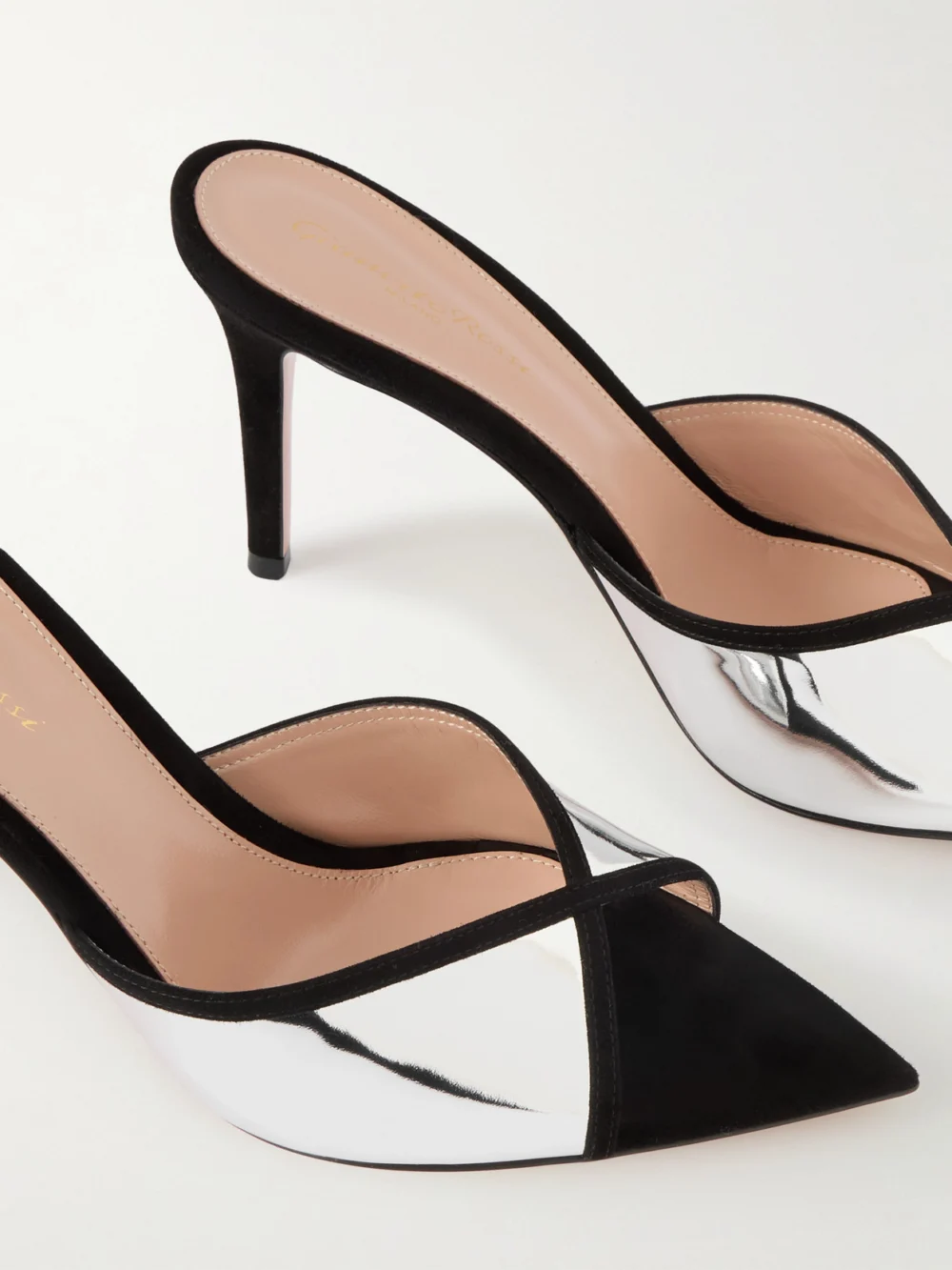 Close-up detail of the Gianvito Rossi 85 Suede-trimmed Mirrored-leather Mules